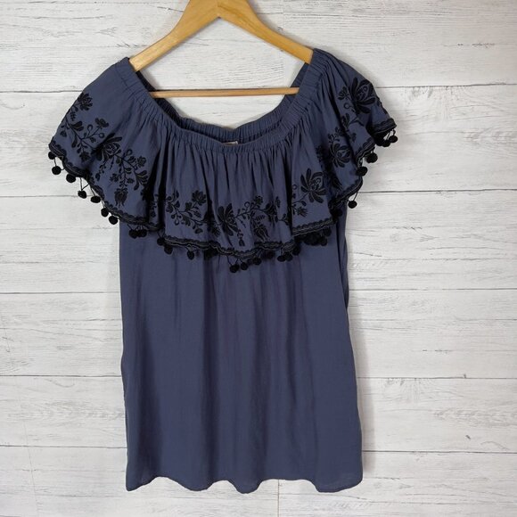 Umgee Dress Womens Size Medium Navy and Black Off the Shoulder Pom Poms Mini - Picture 3 of 14